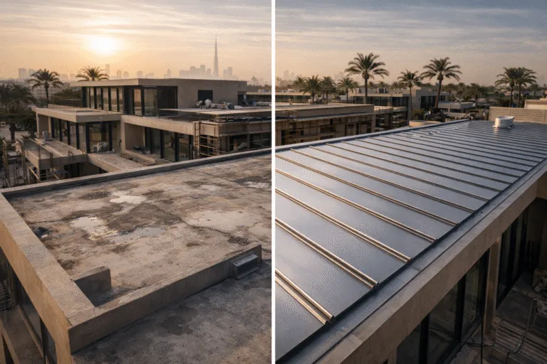 Before and after metal roofing installation on luxury villa in Dubai Hills Estate