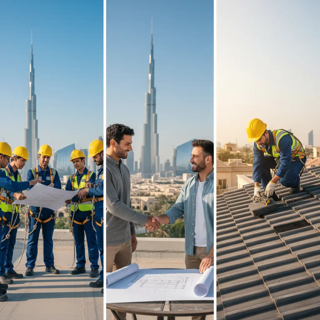 Professional roofing team working on a rooftop in Burj Khalifa area Dubai